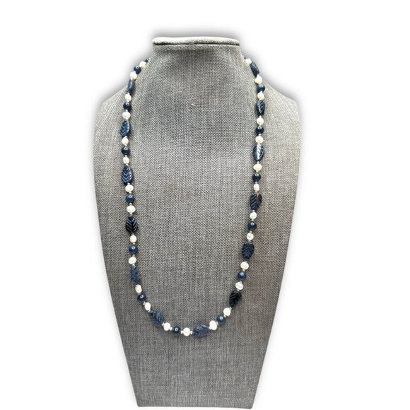 Unsigned Jewelry - Denim Lapis Freshwater Pearl Sterling Silver Leaf Necklace 22"